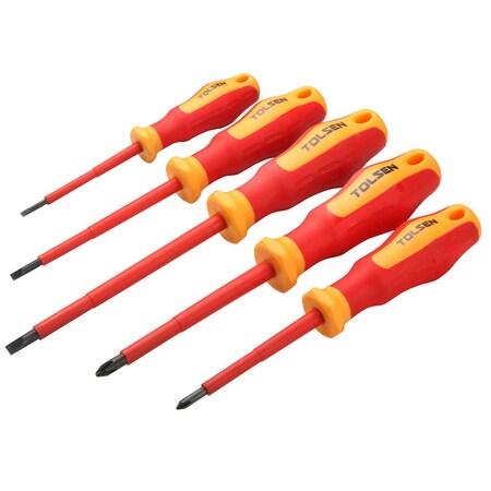 Tolsen 5Pc VDE Scrwdrvr Set, Cr-V Blades, 0.2 Slotted x 3, 0.3 Slotted x 4, 0.4 x 5, PH1 x 3-1/4, PH2 x 4 38012